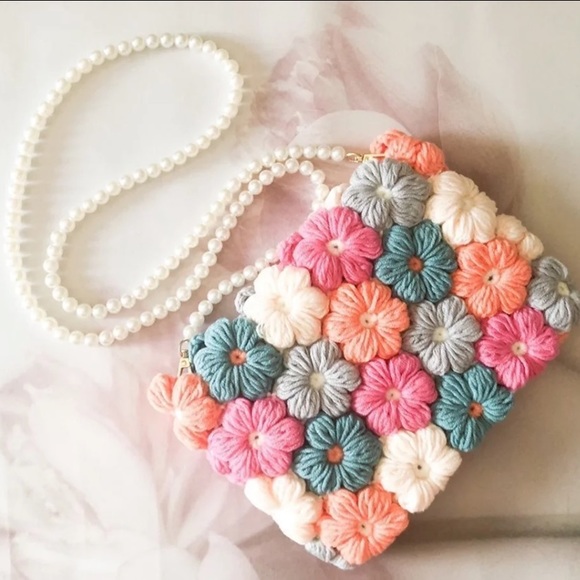 Handbags - Crochet bag flower rainbow pink shoulder womens Pearl strap